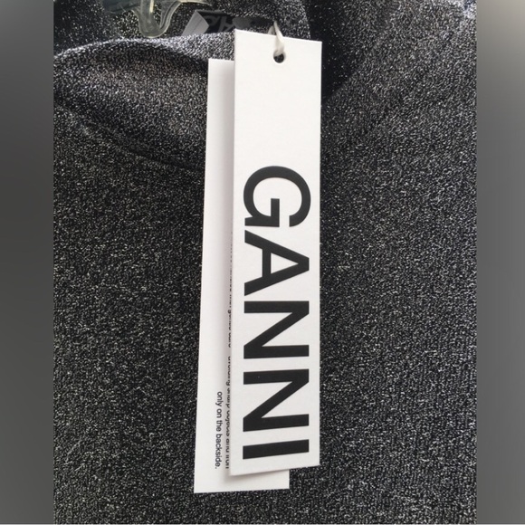 Ganni Lurex Jersey Silver Metallic Long Puff Sleeve Turtleneck Jumper Top - Picture 10 of 10